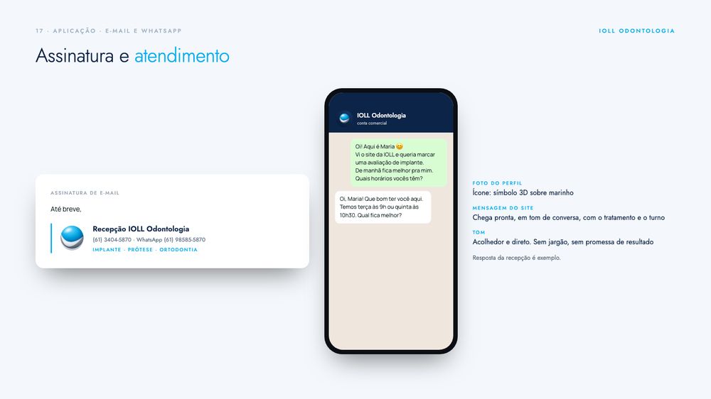 Página do manual com a assinatura de e-mail e uma conversa de WhatsApp da IOLL