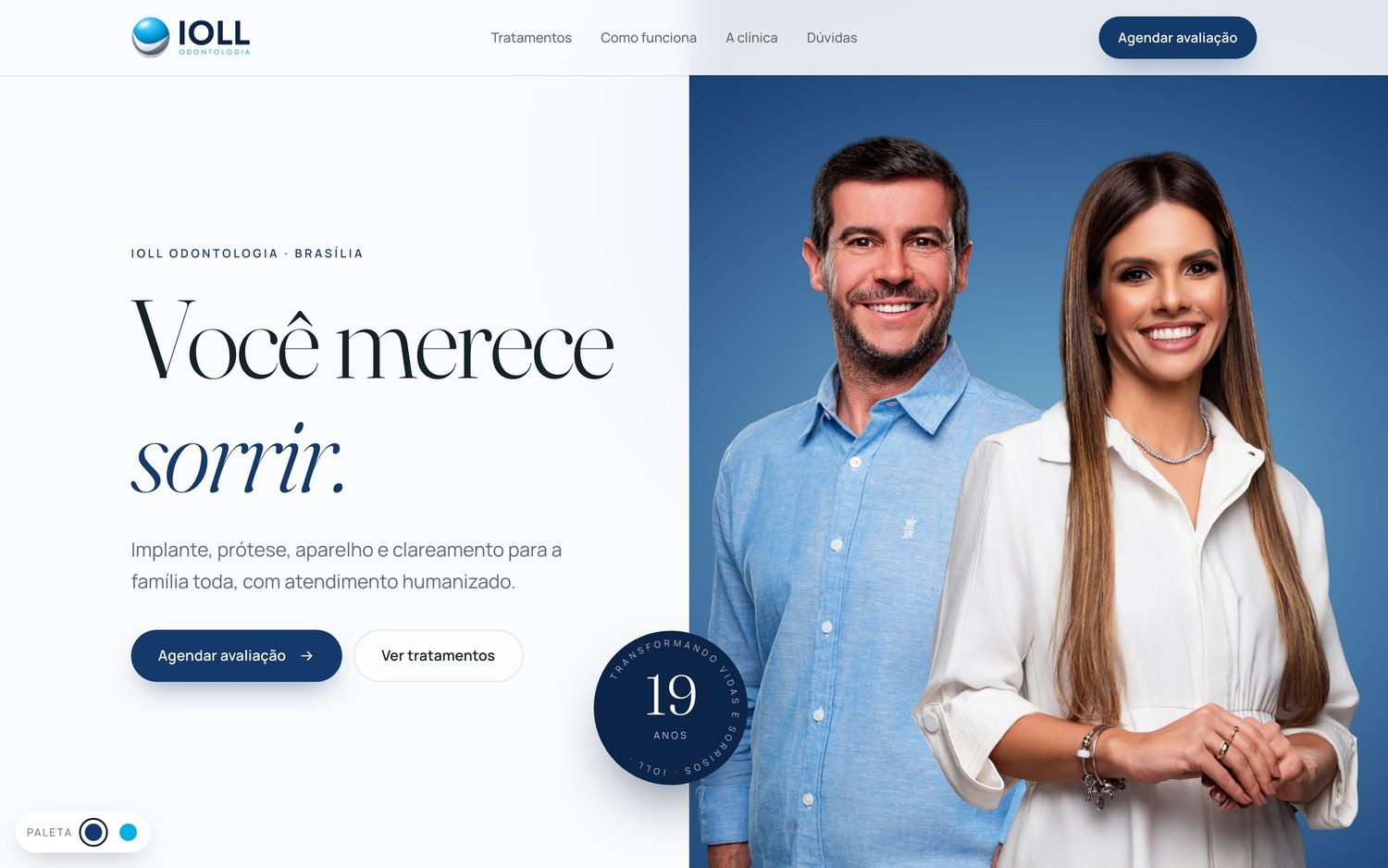 Site da IOLL Odontologia, com a chamada Você merece sorrir e os dois dentistas da clínica