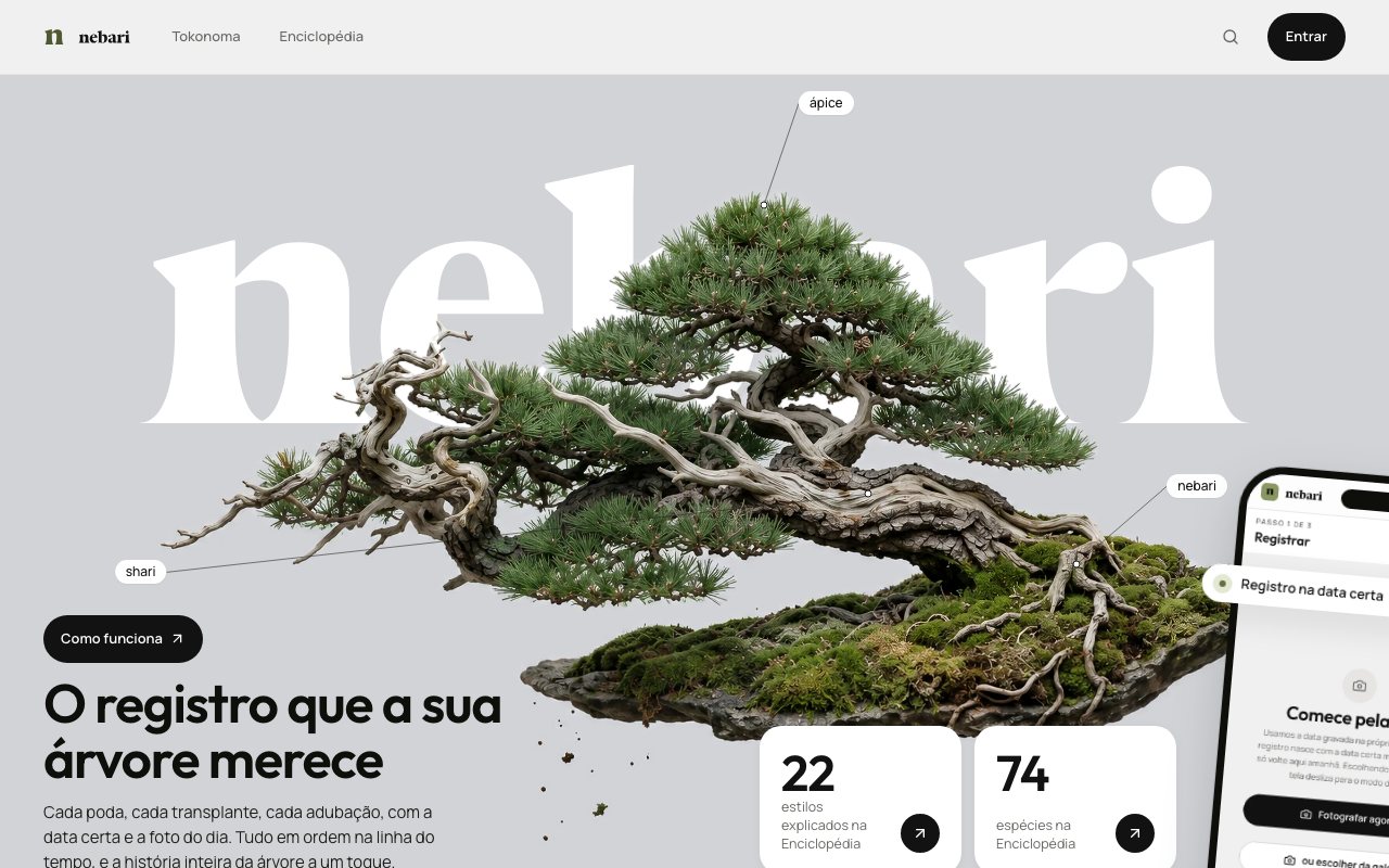 Página inicial do Nebari, aplicativo de registro para bonsaístas, com um pinheiro bonsai em destaque