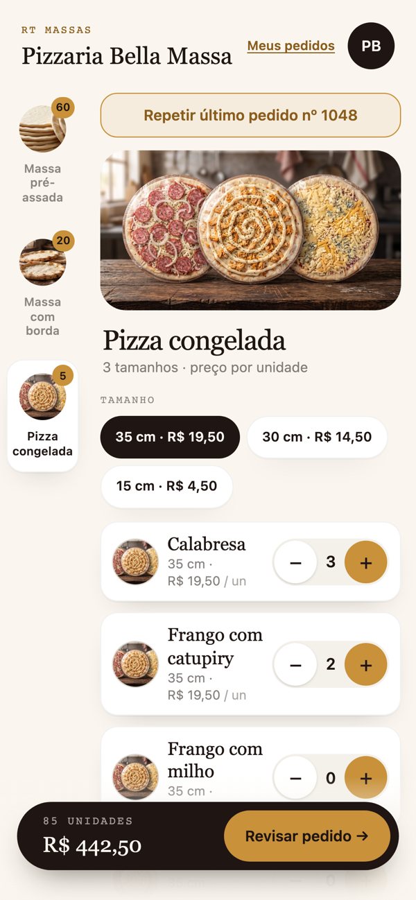 Sistema de pedidos da RT Massas no celular: pizza congelada por tamanho e sabor