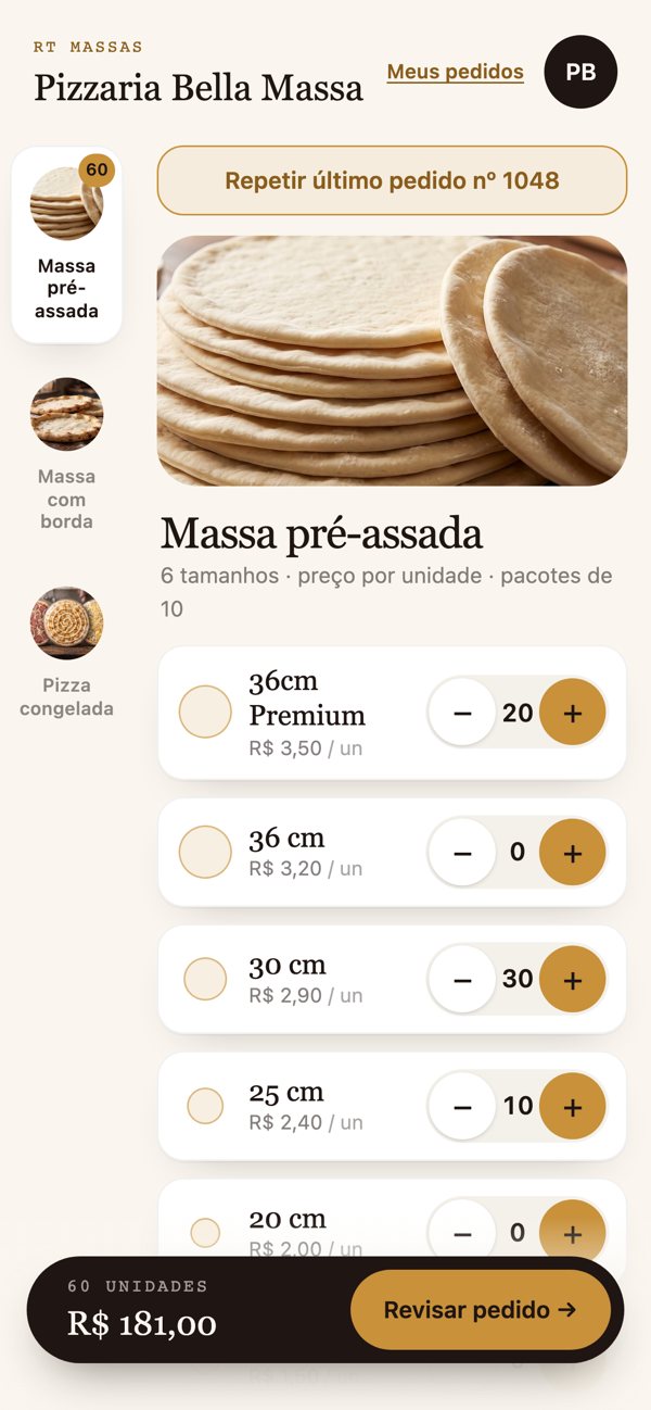 Sistema de pedidos da RT Massas no celular: cliente escolhendo as quantidades de massa