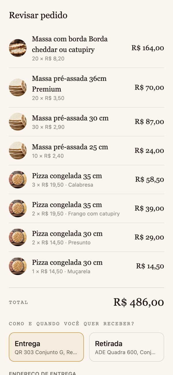 Sistema de pedidos da RT Massas no celular: revisão do pedido com total, entrega e pagamento