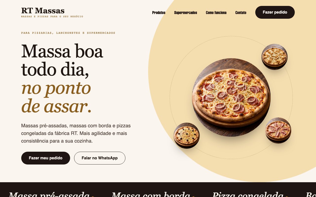 Site da RT Massas, com a chamada Massa boa todo dia, no ponto de assar