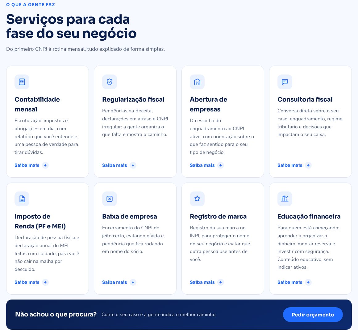 Seção de serviços do site da Trind3, com Educação financeira