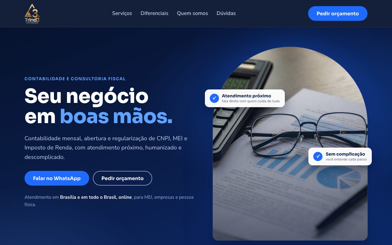 Site da Trind3 Contabilidade, com a chamada Seu negócio em boas mãos